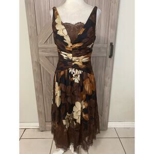 Carmen Marc Valvo, 100% silk floral brown dress size 4